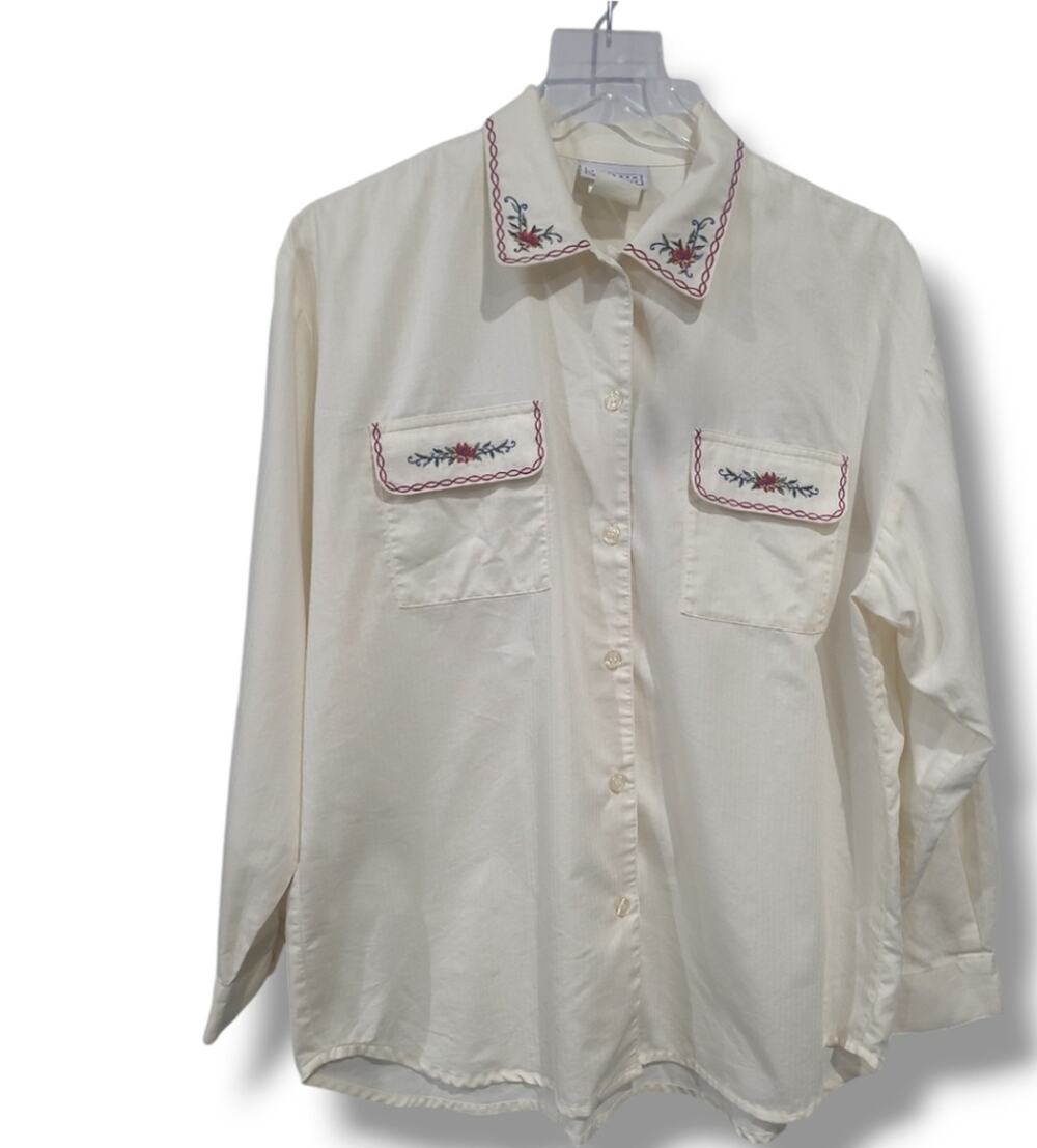 Jantzen Classic SZ L Button Up Top Blouse Floral Embroidered Vintage Cream Red